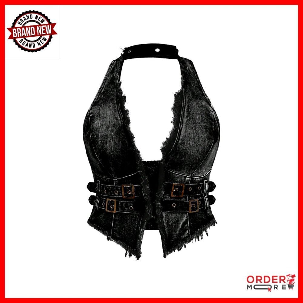 Plus Size Denim Halter Top Frayed Edge Backless Punk Y2K Festival Wear
